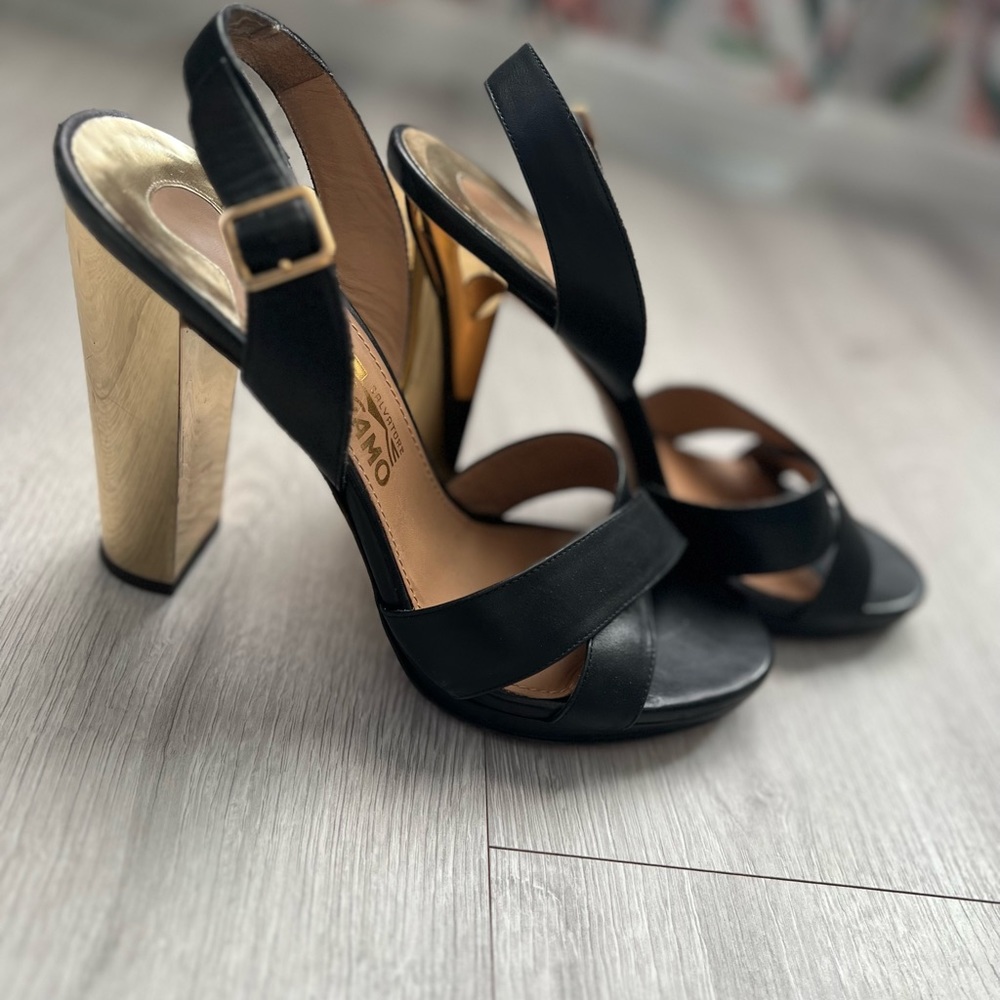 Salvatore ferragamo gold and black platform heels